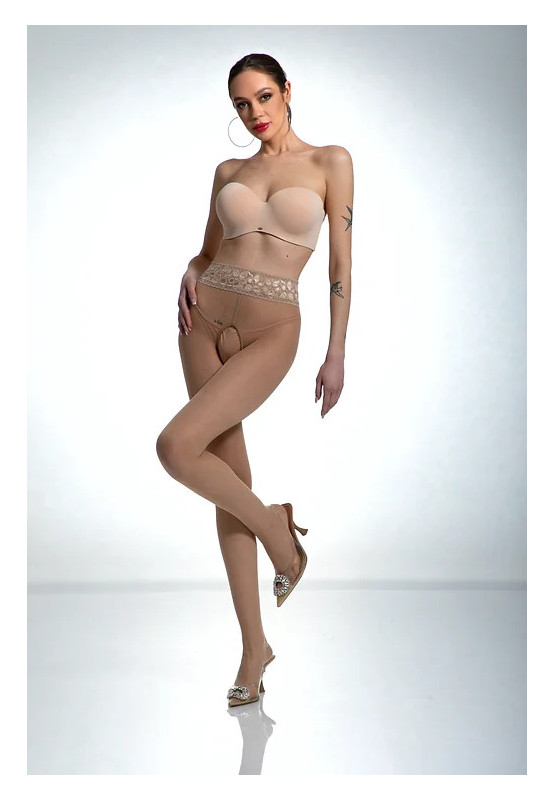 Amour Hip Lace Nude Tights with Crotch Hole and Lace