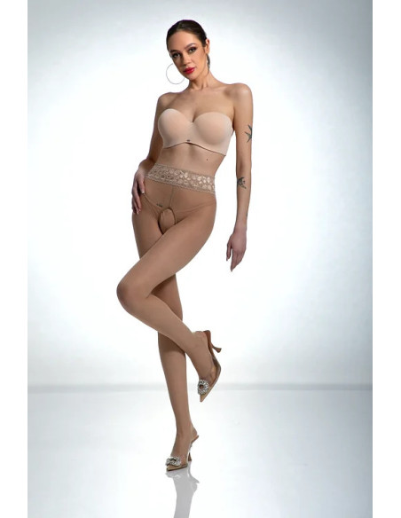 Amour Hip Lace Nude Tights with Crotch Hole and Lace