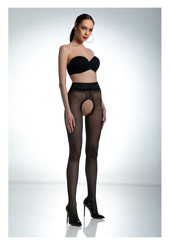 Black Amour Hip Lace Crotchless Tights with Lace