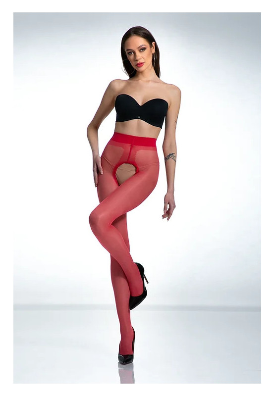Red Amour Hip Gloss tights with a hole in the crotch, shiny