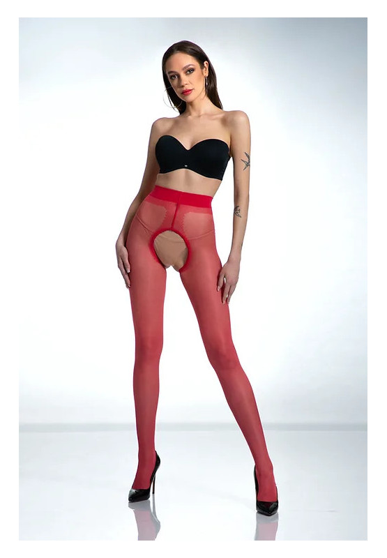 Red Amour Hip Gloss tights with a hole in the crotch, shiny