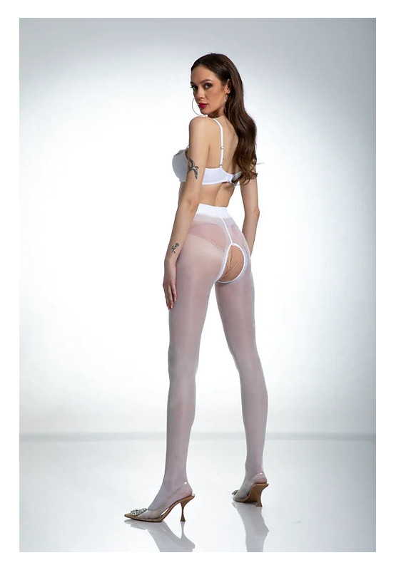 White Amour Hip Gloss tights with a hole in the crotch, shiny