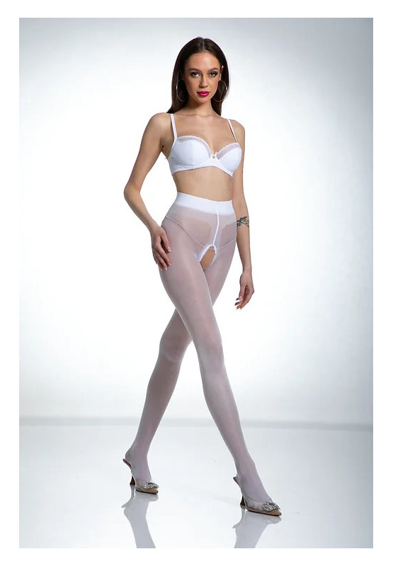 White Amour Hip Gloss tights with a hole in the crotch, shiny