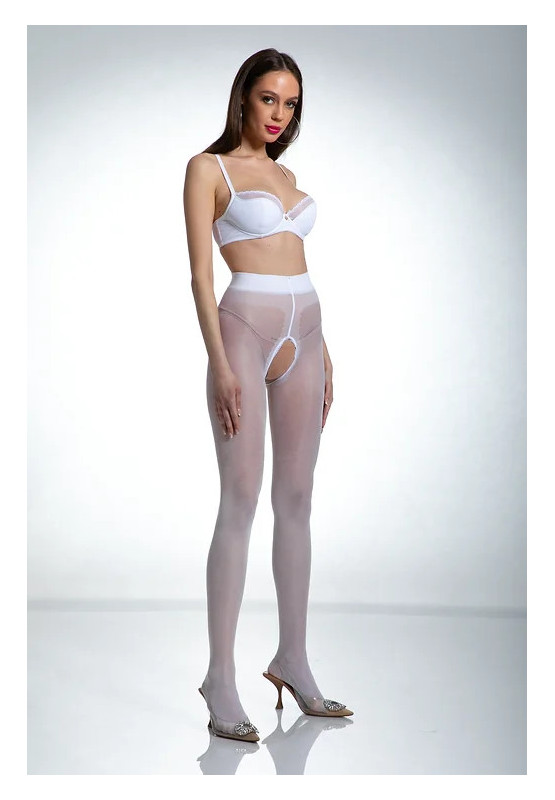 White Amour Hip Gloss tights with a hole in the crotch, shiny