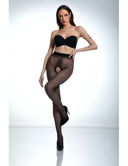 Black Amour Hip Gloss tights with a hole in the crotch, shiny