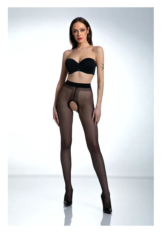 Black Amour Hip Gloss tights with a hole in the crotch, shiny