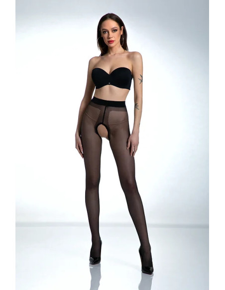 Black Amour Hip Gloss tights with a hole in the crotch, shiny
