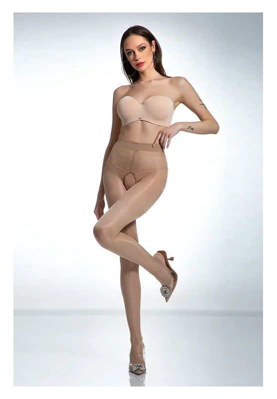 Beige Amour Hip Gloss tights with a hole in the crotch, shiny