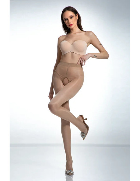 Beige Amour Hip Gloss tights with a hole in the crotch, shiny