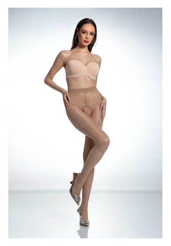 Beige Amour Hip Gloss tights with a hole in the crotch, shiny