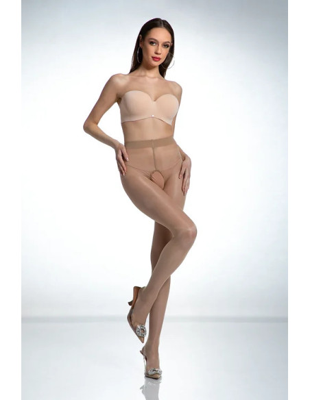 Beige Amour Hip Gloss tights with a hole in the crotch, shiny