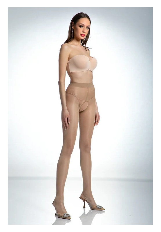 Beige Amour Hip Gloss tights with a hole in the crotch, shiny