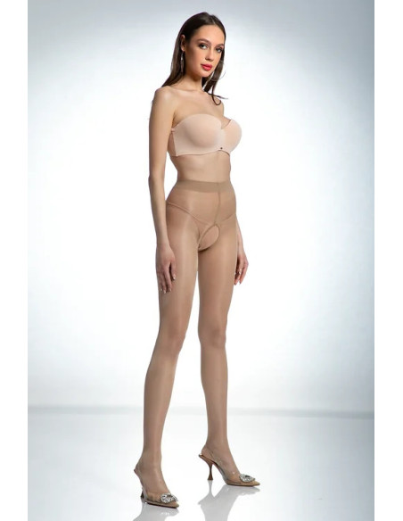 Beige Amour Hip Gloss tights with a hole in the crotch, shiny