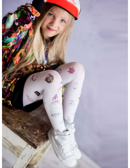 White girls tights 40 DEN cute kitten motif